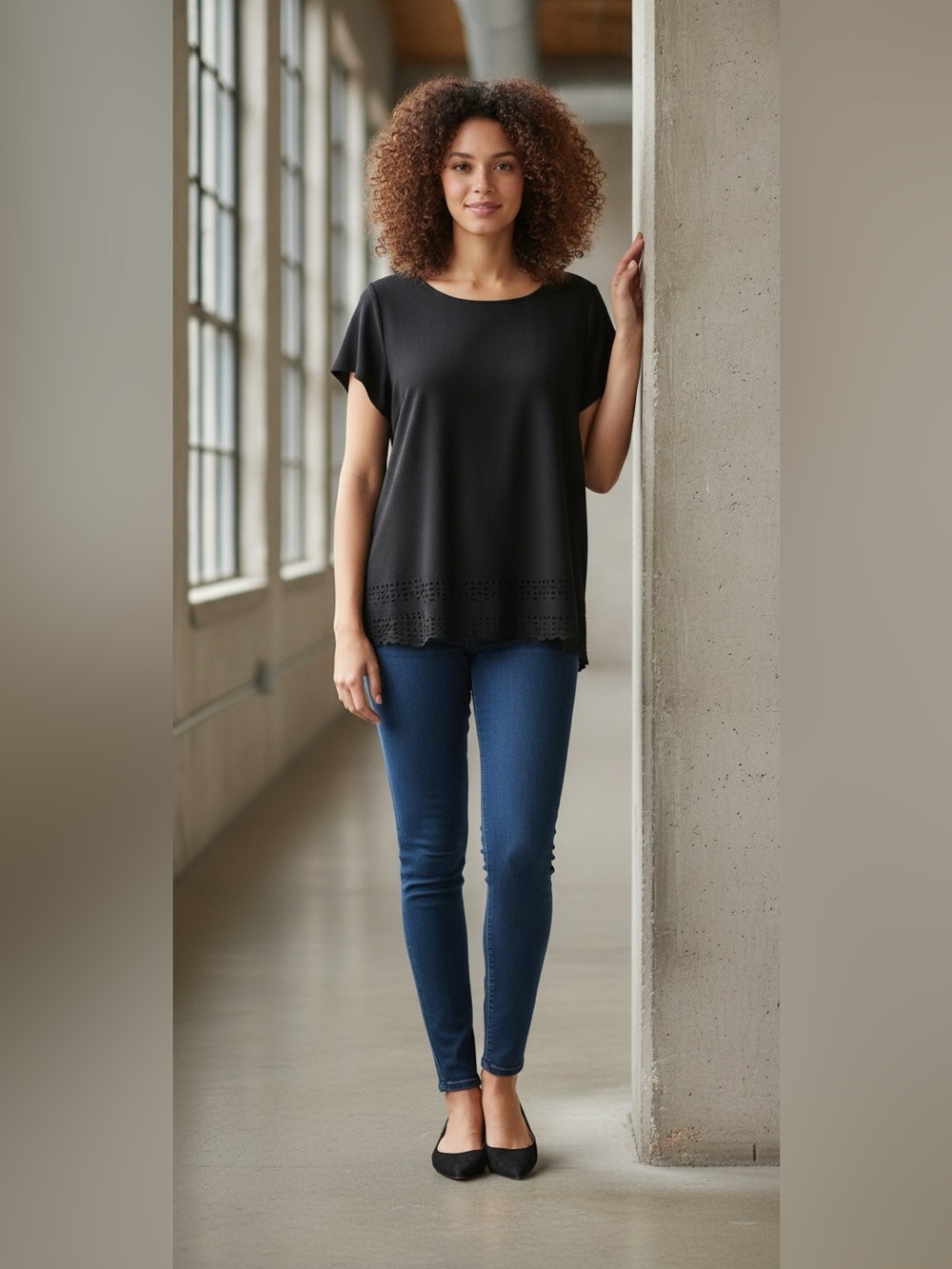 Michel studio collection Black Women's Top embroidered cut out hem size 4X